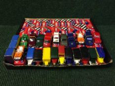 A box of assorted Corgi die cast vehicles together with three boxed matchbox series Lesney vehicles