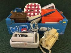 Two boxes of mid 20th century kitchenalia, wall clocks,