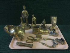 A tray of assorted brass ornaments - miners, bust,
