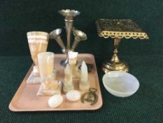 A tray of plated epergne, brass trivet,