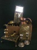 A box containing large quantity of brass ware including brass trivets, mirrored brush set, vases,