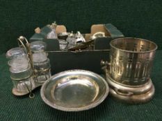 Three boxes of mid 20th century plated ware - part cruet sets, food warmers, trays, vases,