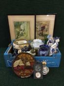 Three boxes of assorted glass ware, china, barometer, brass handles, mahogany box, atlas,