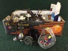 Six boxes of assorted china, glass ware, cutlery, board games, law books, figures,