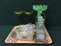 A tray of a pair of Victorian green glass and gilded crystal lustres (a/f),