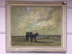 Early 20th century Dutch school : A horse and cart on a sandy beach with figure beyond,