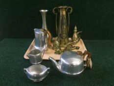 A tray of five piece piquet ware tea service, Art Nouveau brass vase,
