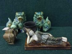 An oriental cast bronze censer, pair of oriental glazed pottery foo dogs,