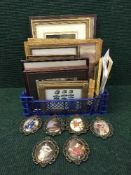 Three boxes of assorted framed pictures and prints including black & white Cinemascope stills,