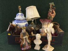Two boxes of assorted china and glass ware - Victorian glass lamp base, Ringtons, cottage ware,