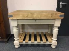 A Victorian style painted pine butcher's block with rack