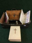 A box containing leather satchel, assorted cuff links Burberry etc, stamp albums, two recorders,