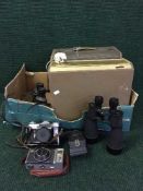 A box of Alba table top record player, reel to reel, binoculars,