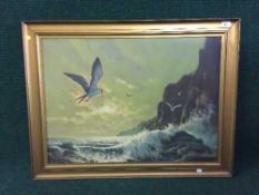Twentieth Century School : Seagulls Over Breaking Waves, oil on board, 60 cm x 81 cm, framed.