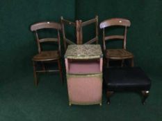 A pair of mahogany bedroom chairs, leather topped footstool,