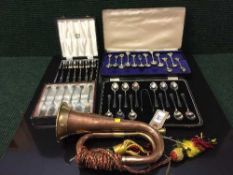 Four cases of plated cutlery and Royal Welsh Fusilier's bugle