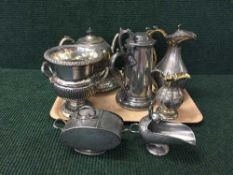 A tray of late 19th/early 20th century plated wares, including Walker and Hall wine cooler,