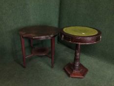 An Edwardian occasional table and a leather topped drum table