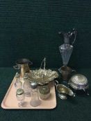 A silver plate mounted ewer, plated cruet, sauce boat,
