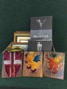 An embossed copper storage box and mag rack, box of pictures and canvas,