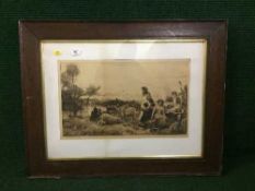 Robert Walker Macbeth (1848 - 1910) : Women with Sheep at a River's Edge, etching,