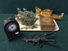 A tray of antique tins, inlaid music box in the form of a gondola, three miniature metal planters,