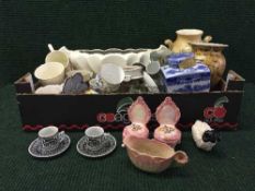 Two boxes of assorted china including pair of figures, collector's plates, Ringtons ware,