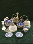 A tray of Burleigh ware willow pattern tea china, pair of Wedgwood Royal Wedding pin dishes,