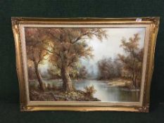Two gilt framed oils on canvas - river and winter landscape