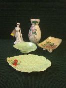 A tray of Coalport figure - Golden Age, two Carlton ware dishes,