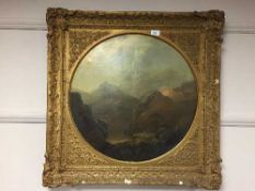 Edward Train (1801-1866) : Figures by a Lake in a Mountainous Landscape, oil on canvas, signed,