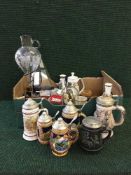 A box containing anniversary clock under shade, wine decanter on metal stand, china,