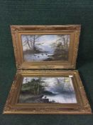 Twentieth Century School : A Boy Fishing at the River's Edge, oil on panel, 29 cm x 50 cm,