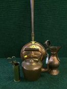 A brass and copper antique teapot and kettle, bed warming pan,