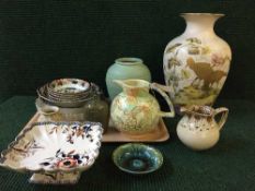 A tray containing Royal Worcester Evesham flan dish, English pottery jugs,