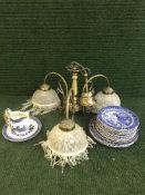 A tray of blue and white pattern tea china,