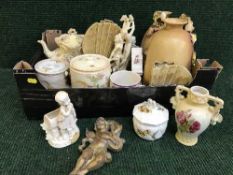 Two boxes of early 20th century china including toilet jug and basin set, teapot on stand, vases,