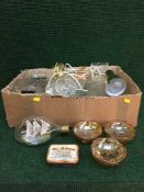 Two boxes of china, glass ware, four table lamps,