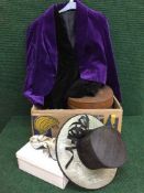 Two boxes of vintage lady's clothes, two lady's velvet jackets, hat box, shoes, gloves, compact etc.