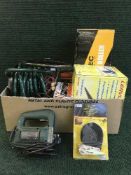 A box of spray gun, paint roller, power tools,