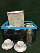 Two boxes of Noritake tea china, glass ware, glass table lamp, lustre jug,