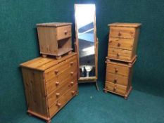 A pine four drawer chest, matching three drawer chest,