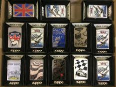 A tray of thirteen Zippo lighters