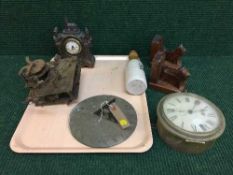 A tray of metal Ankar clock, clock movement, brass wall clock, sun dial,