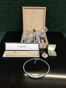 A box of costume jewellery including silver items, Oris pocket watch, Accurist wrist watch, pearls,