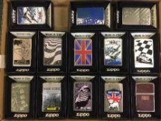 A tray of thirteen Zippo lighters
