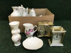 Two boxes of carriage clocks, Aynsley Wild Tudor china, glass eagle figure,
