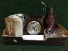A box of Bravingtons oak cased mantel clock, wine glasses, crystal fruit bowl,