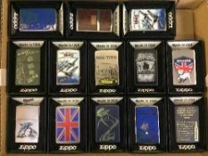 A tray of thirteen Zippo lighters