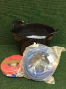 Three plastic builders buckets of oxygen hoses